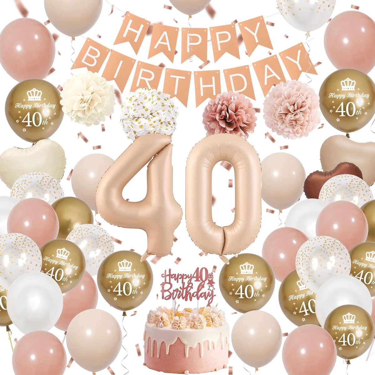 Verjaardagsdecoratie voor de 40e verjaardag voor dames, set ballonnen, roze, beige, goud, met ballonnen met cijfer 40, hartballon, Happy Birthday, taarttopper, papieren pompons voor 40e verjaardag