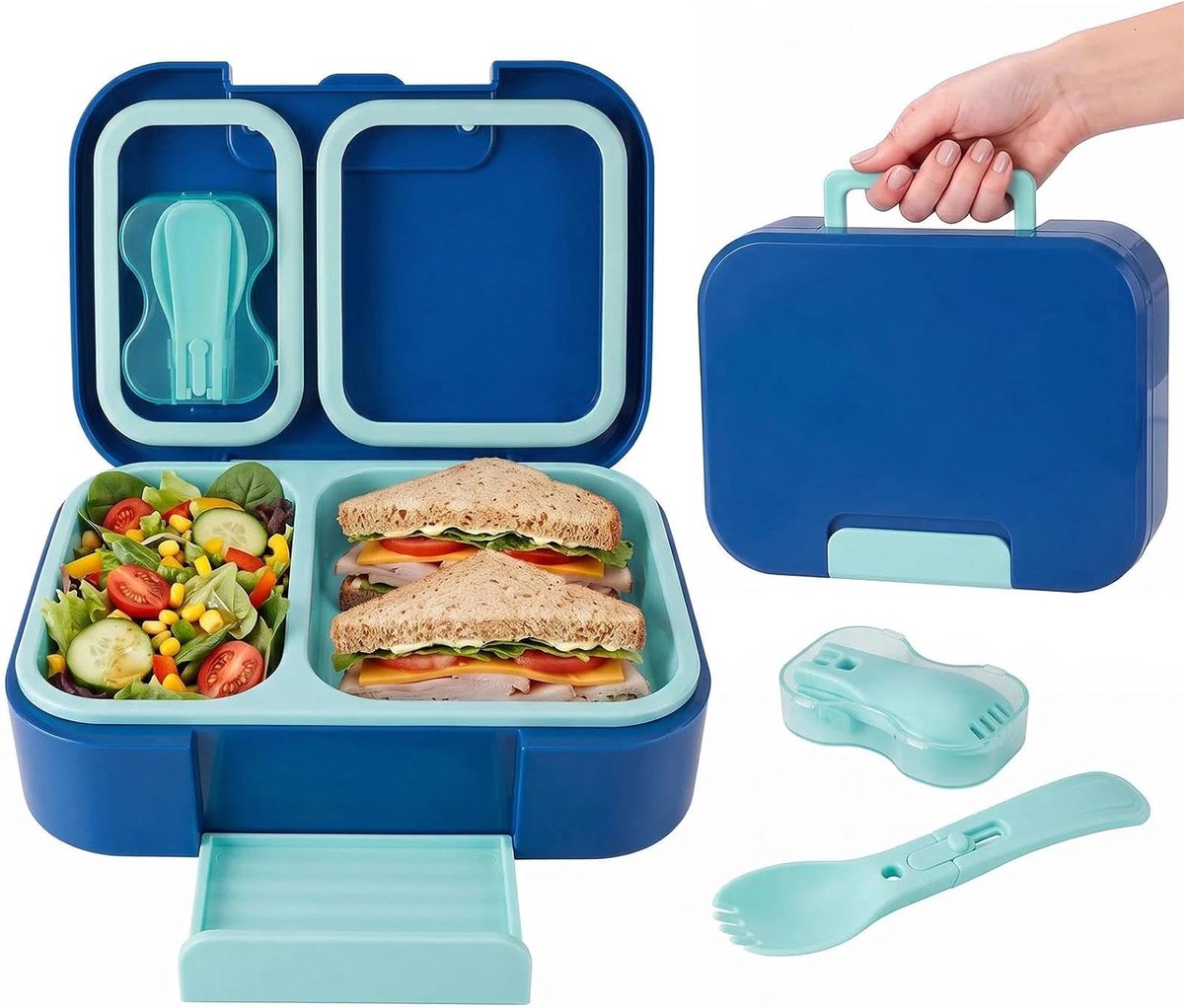 Broodtrommel voor kinderen met vakken, 720 ml, lekvrij, bento box kinderen, lunchbox, broodtrommel voor meisjes en jongens, magnetron/vaatwasmachinebestendig, BPA-vrij, voedseldoos met