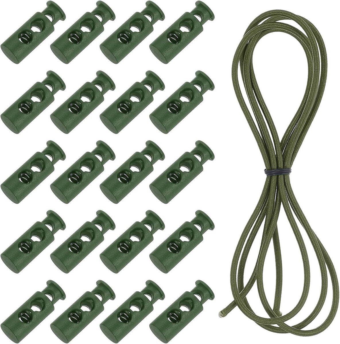 25 stuks koordstoppers, 2 gaten met 1 meter elastisch schoktouw, kunststof touwstopper, veer, knevelsluiting met stretch trekkoord voor rugzak, tassen, paracord, legergroen