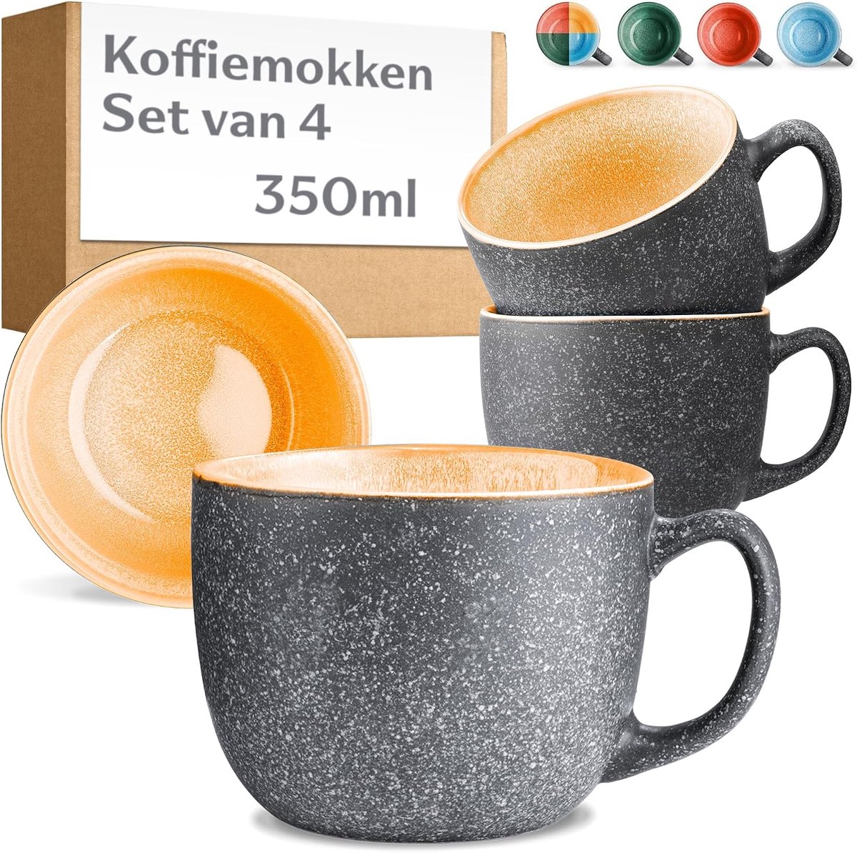 Koffiekopjes Van Keramiek - Set Van 4 Stuks 350 ml - Dik Aardewerk - Mokken met Handgemaakt Reactief Glazuur - Houdt Lang Warm (Geel)