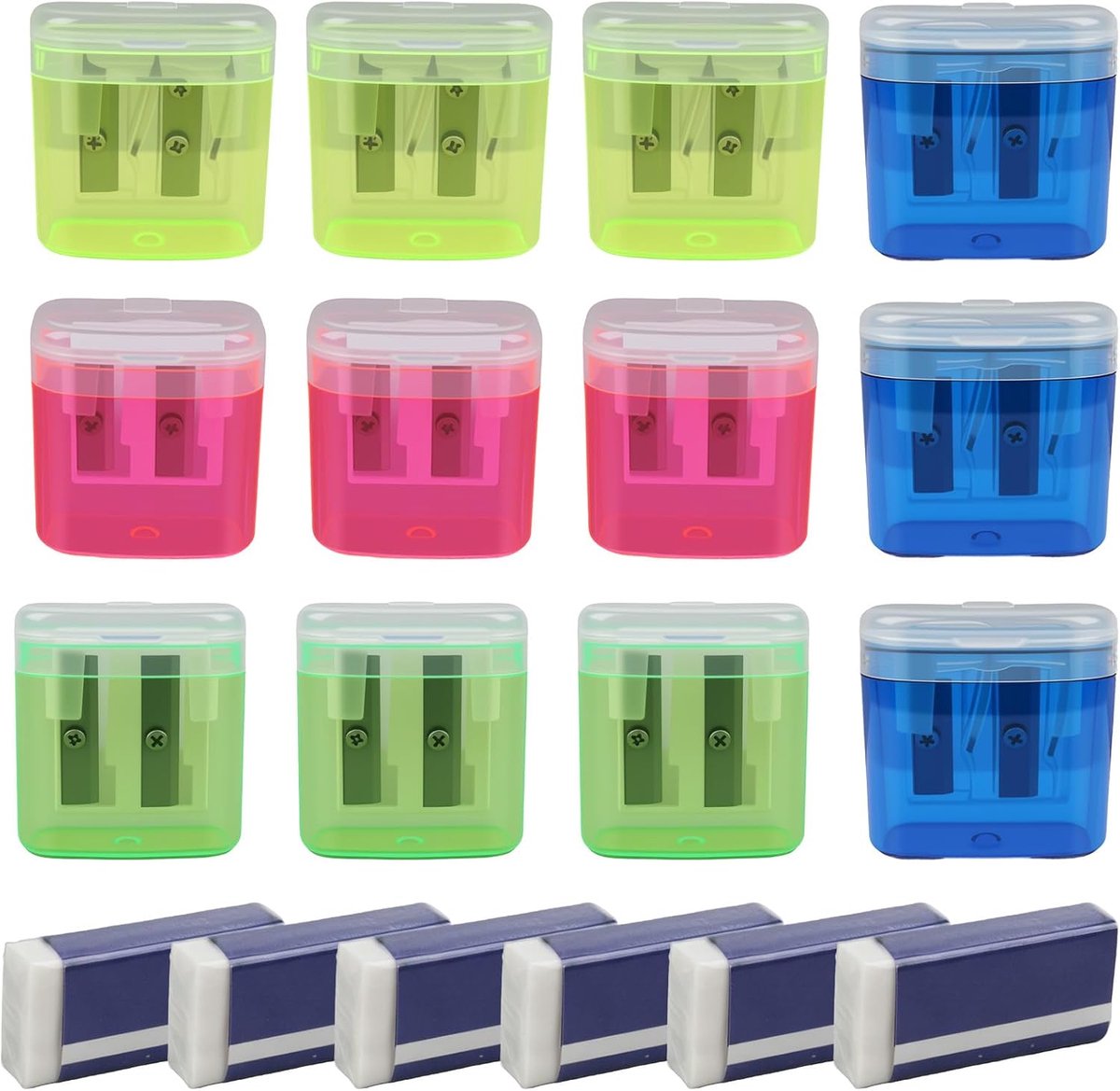 6 stuks handmatige puntenslijper met dubbel gat met deksel en 6 witte gummen, set voor kinderen, studenten, school, thuis, kantoor, ontwerpers, robuuste materialen en compact design (meerkleurig)