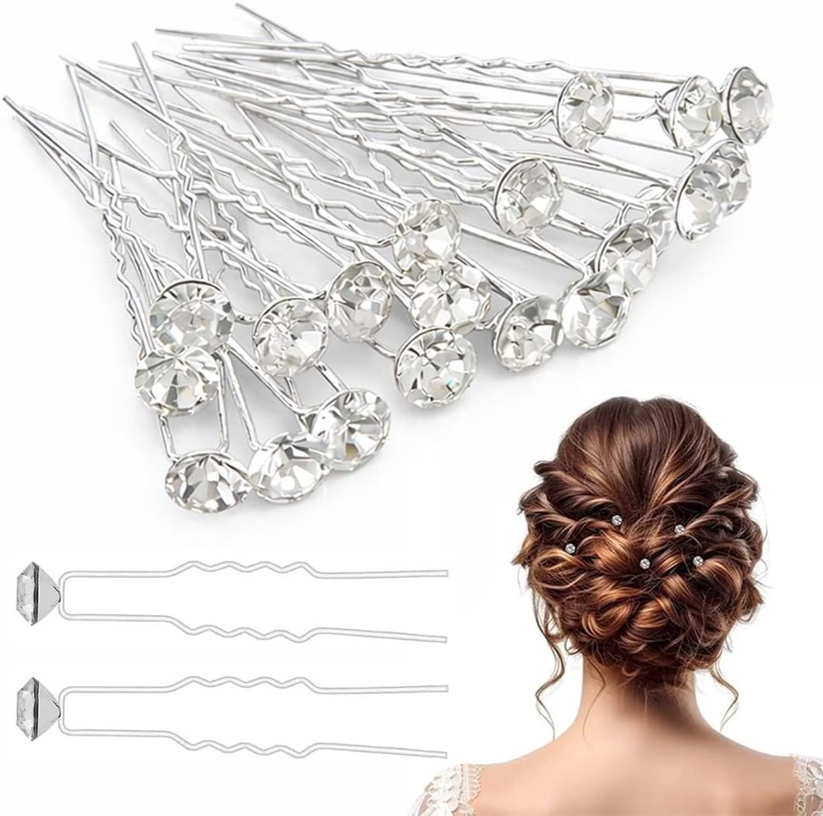 Haarspelden voor dames, feest, 30 stuks, wit, standaardmaat, met diamanten, U-vorm, voor bruid, bruiloft, haaraccessoires