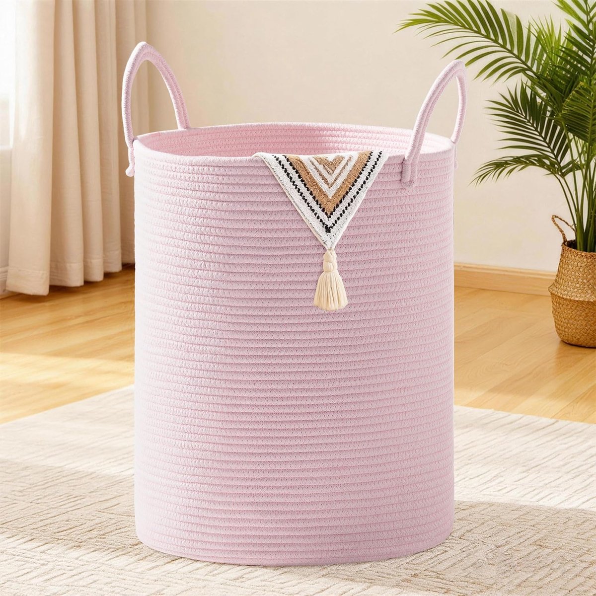 Katoenen Touw Wasmand Groot 45cm x 55cm - Opvouwbare Opbergmand met Handvat - Voor Wasgoed, Dekens en Speelgoed - 88L Roze