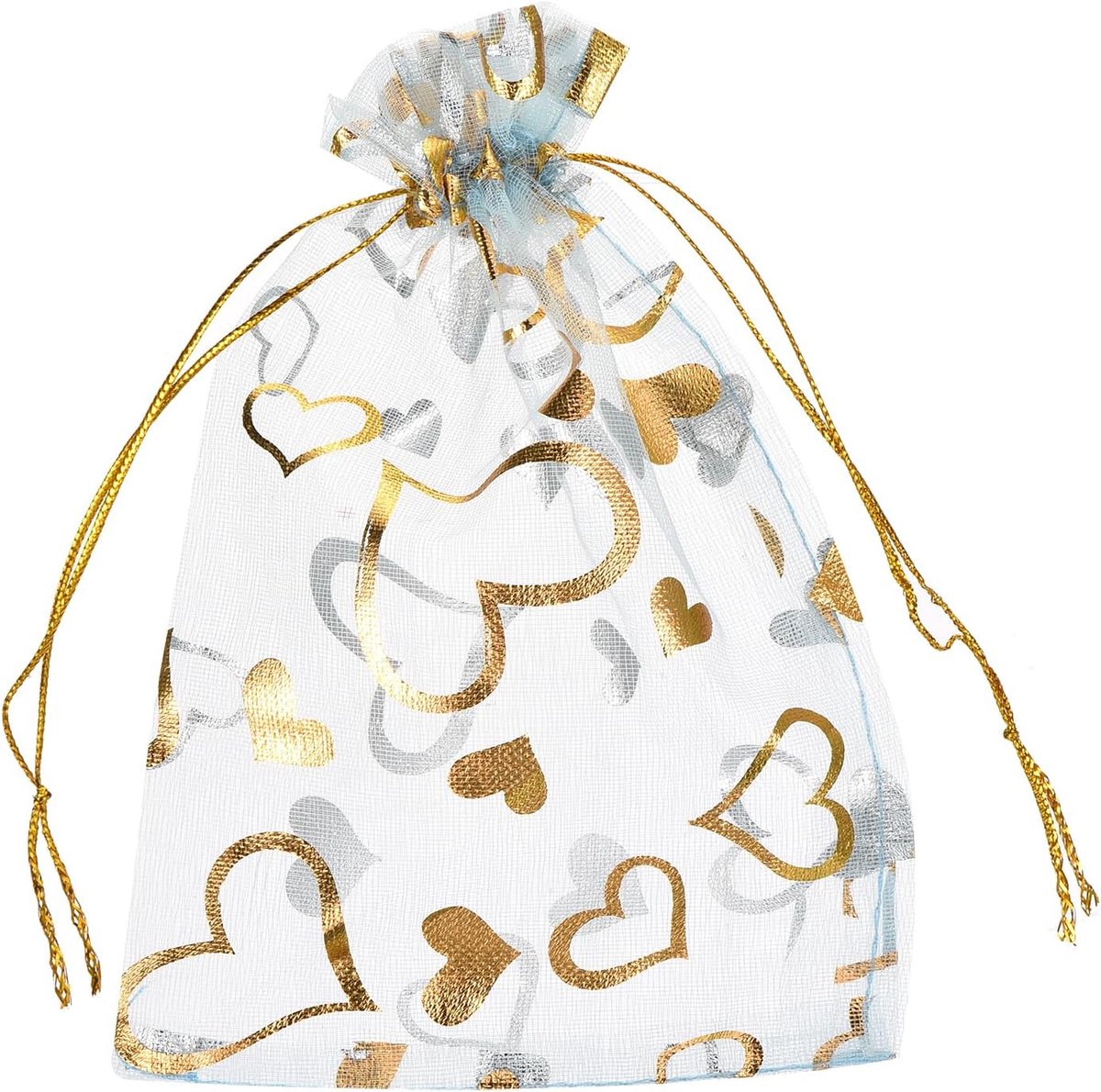 Organzazakjes, 100 stuks, 10 x 15 cm, cadeauzakjes, sieradenzakjes, hartpatroon, mesh-zakjes met trekkoord, organzazakjes voor bruiloft, feest, Kerstmis, snoep, lichtblauw-goud