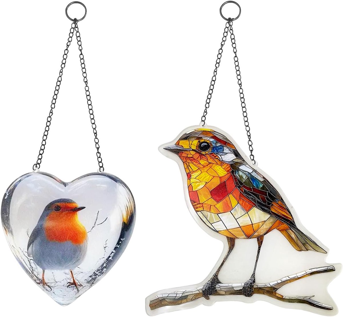 2 Acryl Robin Hangers, Liefde Hart En Vogel Vorm, Tuin Raam Decoratie, Gebrandschilderd Glas Effect, Natuurlijke Thema Decoratie.