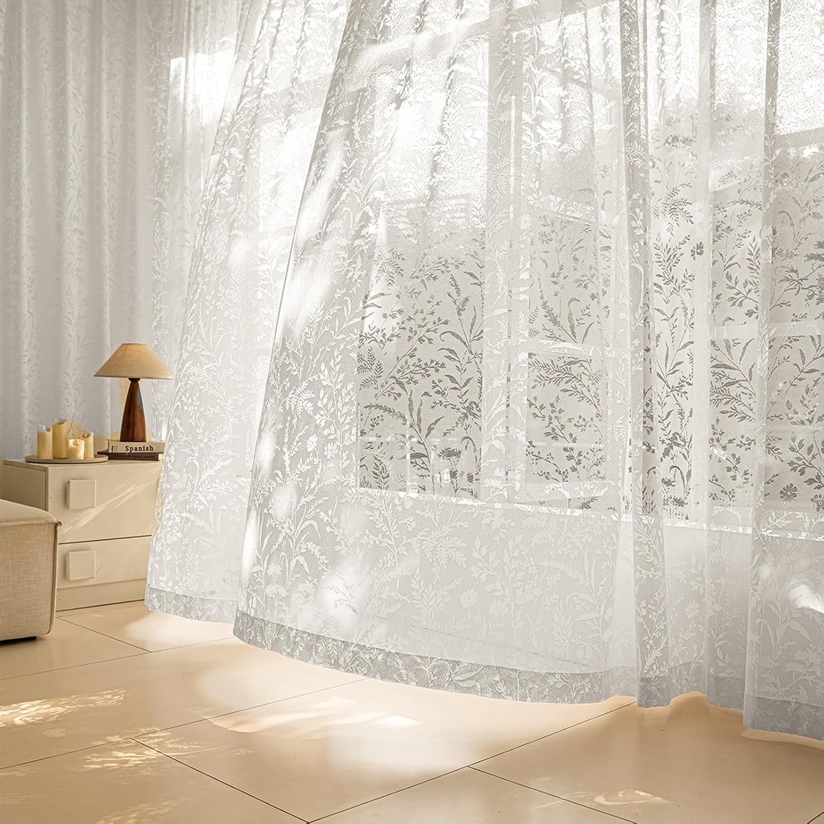 jacquard voile gordijnen met plantenpatroon, set van 2 semi-transparante polyester gordijnen met roedezak voor woonkamer en slaapkamer, 140 x 245 cm (b x h)