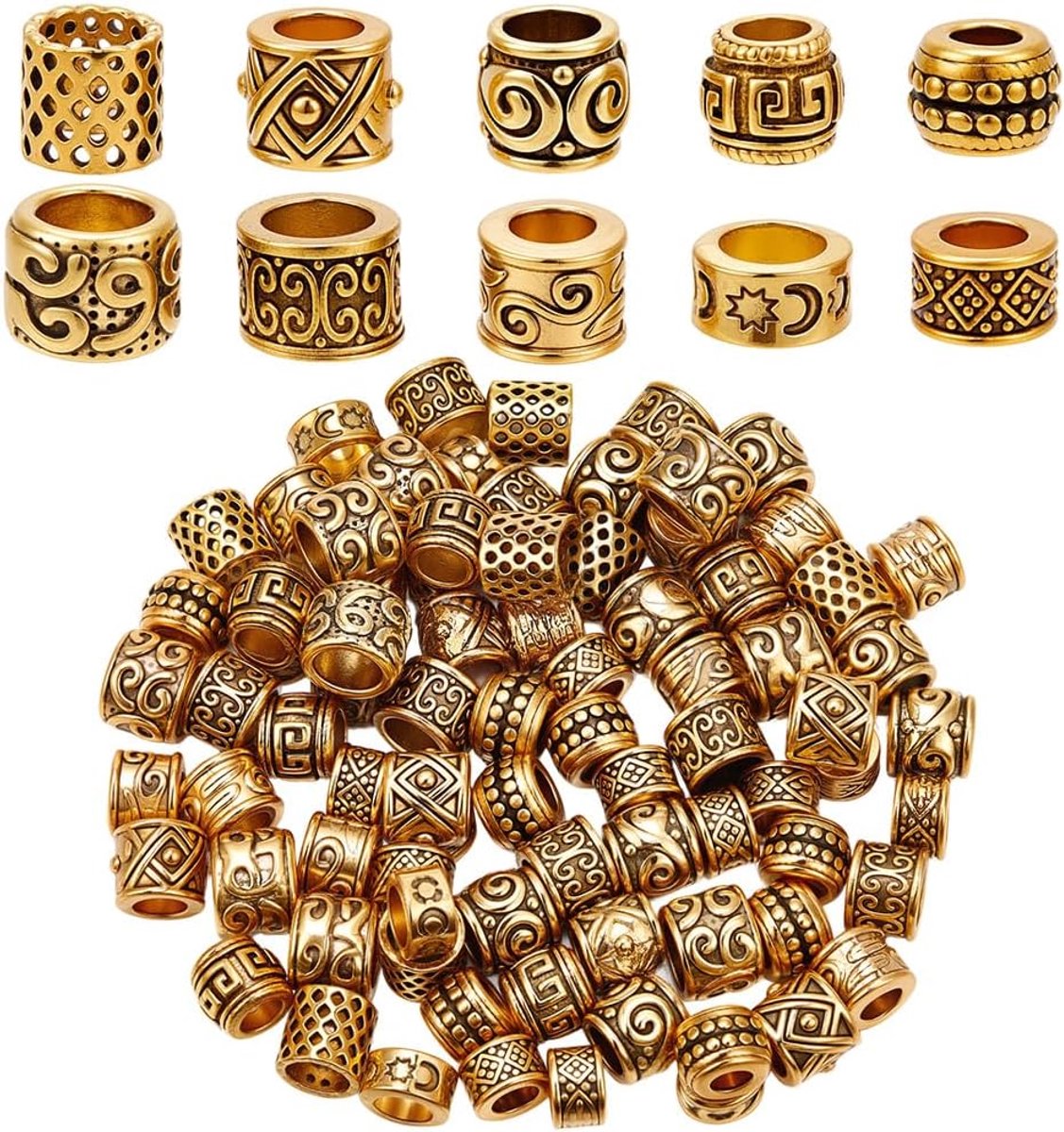 1 doos 10 stijlen 100 stuks groot gat legering spacer kralen Tibetaanse antieke gouden spacer kralen metalen Europese rondelle vat buis metalen losse holle bedels voor sieraden maken