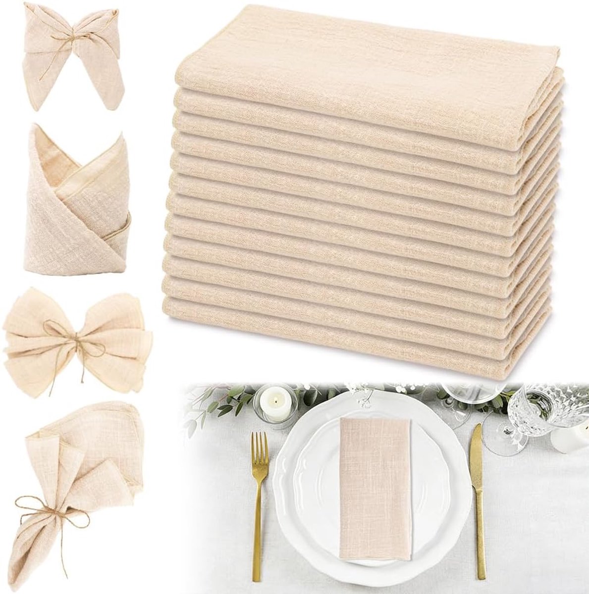Stoffen servetten katoen, set van 12 stoffen servetten, beige, katoenen mousseline servetten, stof, tafelservetten, 43 x 43 cm, afwasbaar, tafeldecoratie voor bruiloft, verjaardag, restaurant, feesten