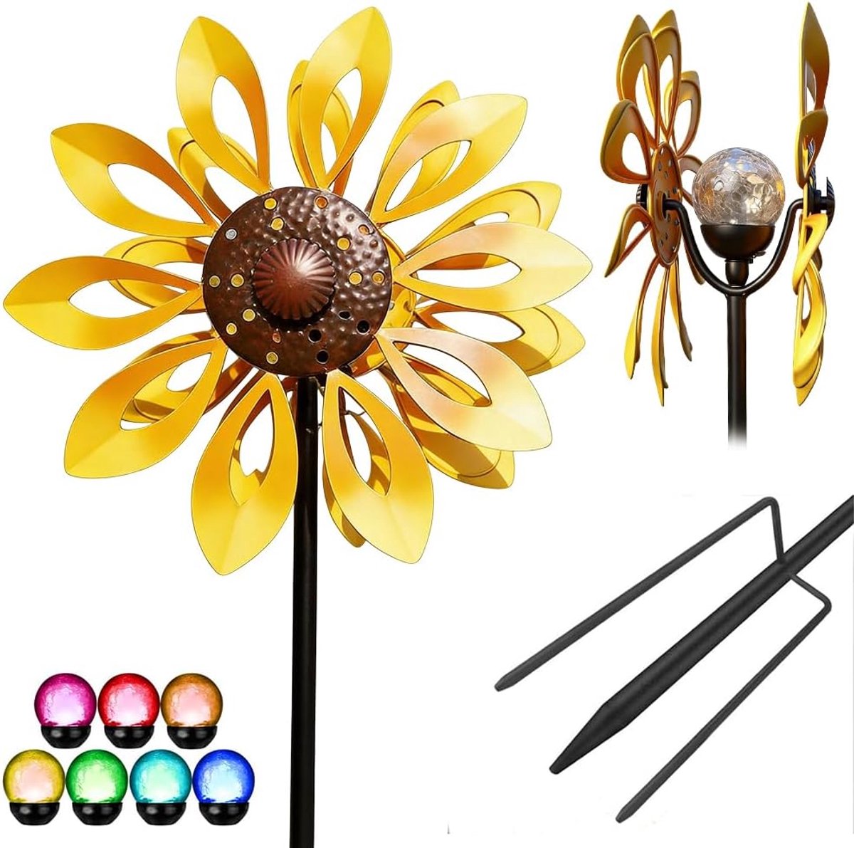 Windgong op zonne-energie voor de tuin, diameter 35 cm, metalen windgong met glazen bol op zonne-energie, metalen dubbele windgong, roestvrije windmolen voor tuin en terras