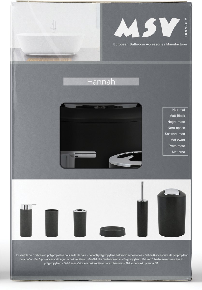 MSV Hannah Badkameraccessoireset – 6-delige Badkamer Accessoires Set in Mat Zwart – Badaccessoireset met Zeepdispenser en Toiletborstelhouder