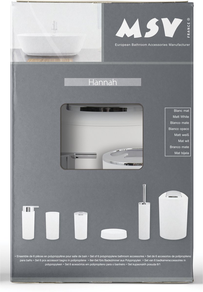 MSV Hannah Badkamer Accessoire Set – 6-delige Badkamer Accessoires Set in Mat Wit – Badkamer Set met Zeepdispenser, Beker en Toiletborstelhouder