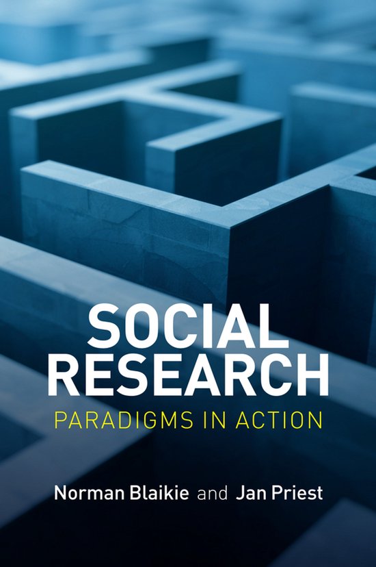 Boek kaft met blauwe labyrint textuur. Titel: Social Research Paradigms in Action.