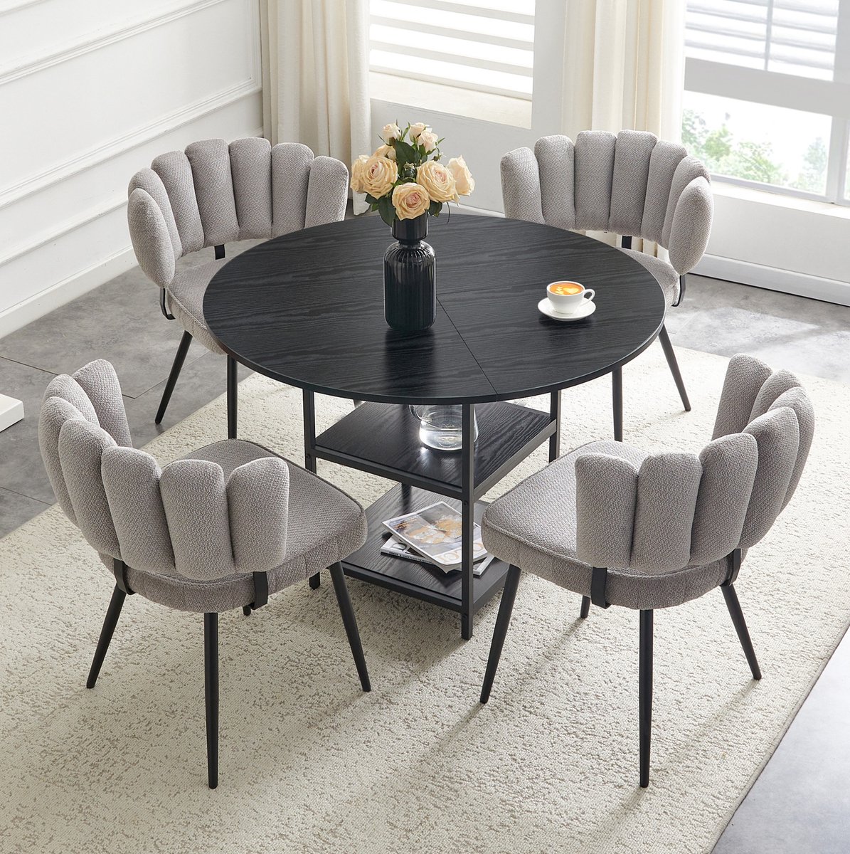 MODFU Eettafelset - Rond - Industrieel - 4 Stoelen - Grijs - Zwart