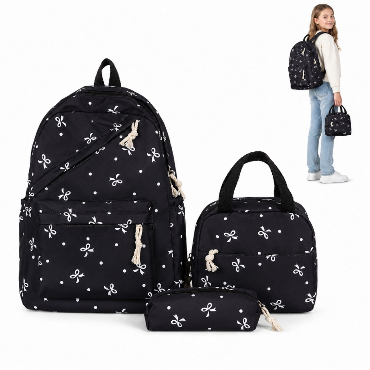 Bobypet - Meisjes School Rugzak Set - 3-Delige Set met Lunchtas en Etui - Strikje Rugzak voor Laptop 15.6 Inch - Waterdichte Boekentas voor Meisjes en Tieners - zwart