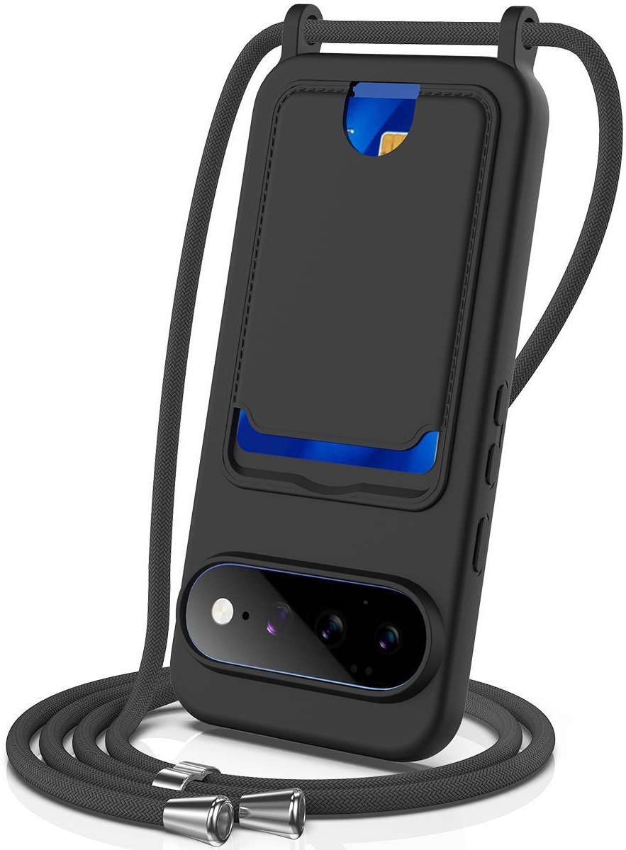 Mobigear Telefoonhoesje geschikt voor Google Pixel 11 Siliconen met Kaarthouder | Mobigear Lanyard Card Hoesje met koord en Pasjeshouder | Kaarthouder voor 1 Pasje | hoesje met koord Telefoonhoesje voor Pinpas / OV Kaart / Rijbewijs - Zwart
