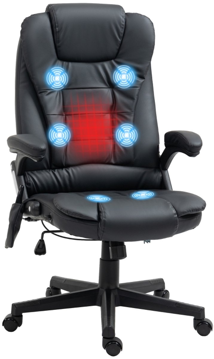 Ergonomische Bureaustoel Met Hoge Rugleuning Massagefunctie Draaistoel 70x70x121 cm Zwart Bonded Leather Kunstleer Chefsessel 5 Massagemodi 2 Intensiteiten Verwarmingsfunctie Hoogte Verstelbaar