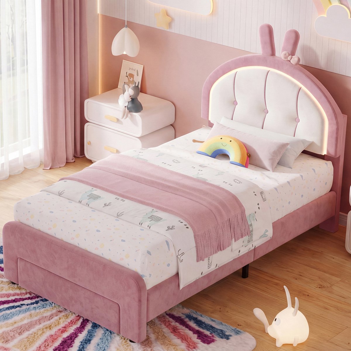 Kinderbed 90x200 cm Fluweel Roze, Konijn Hoofdbord met LED, Opberglade, Gestoffeerd Eenpersoonsbed
