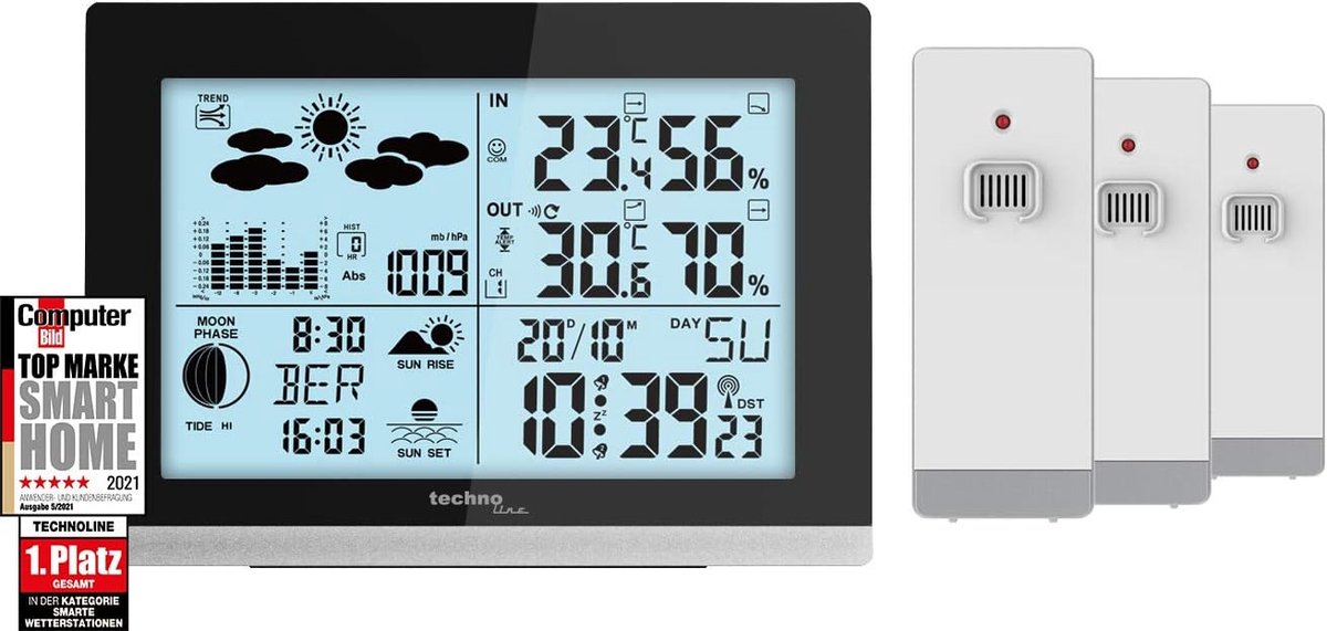 SnelShoppen - Weerstation met 3 Sensorkoppen, Temperatuur- en Luchtvochtigheidsmeter, Binnen- en Buitengebruik, Zwart-Wit Design, Perfect voor Tuin en