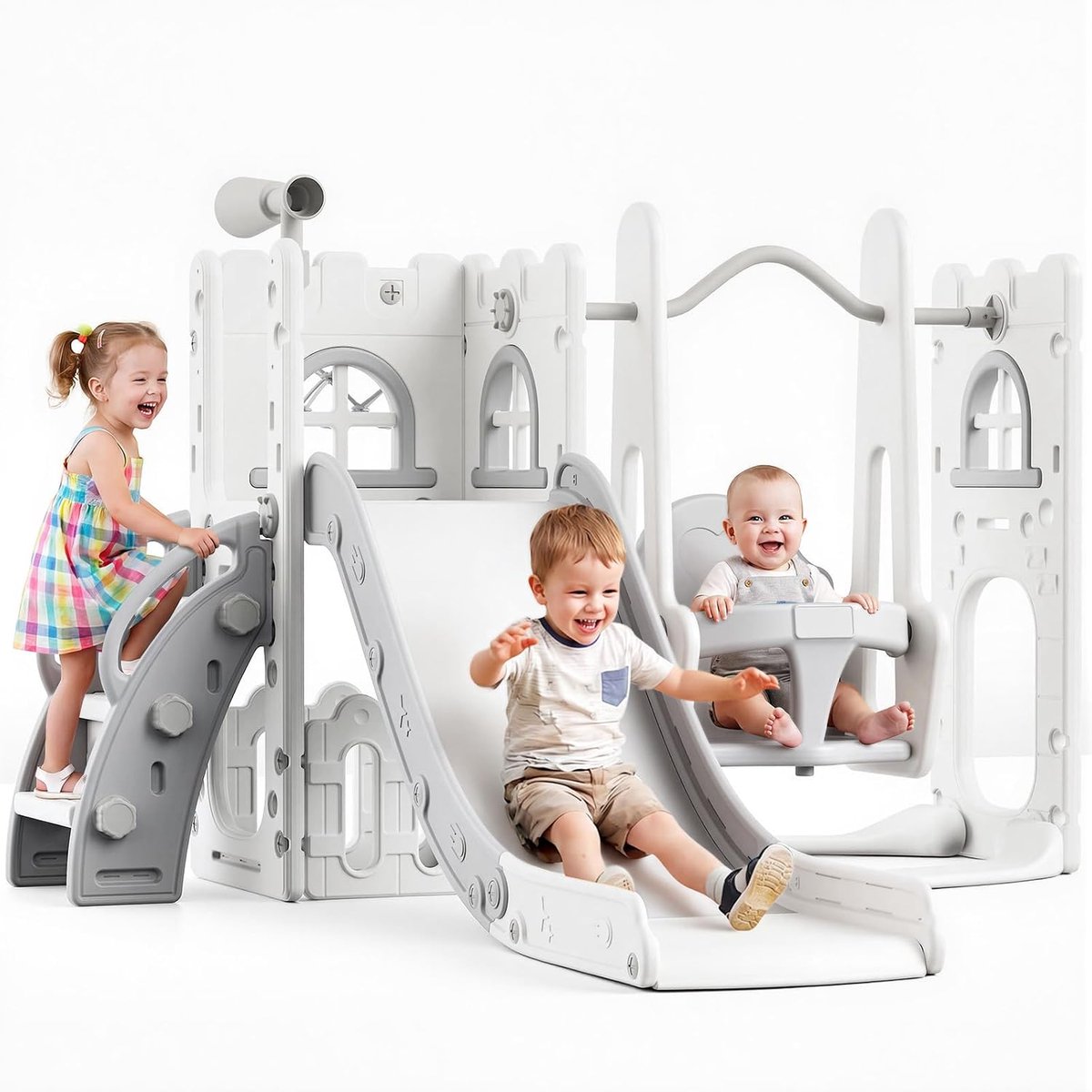 Triumpunpre - Kinder speeltoestel 7-in-1 - glijbaan en schommel multifunctioneel - antislip treden - telescoop en opbergruimte - Grijs en Wit