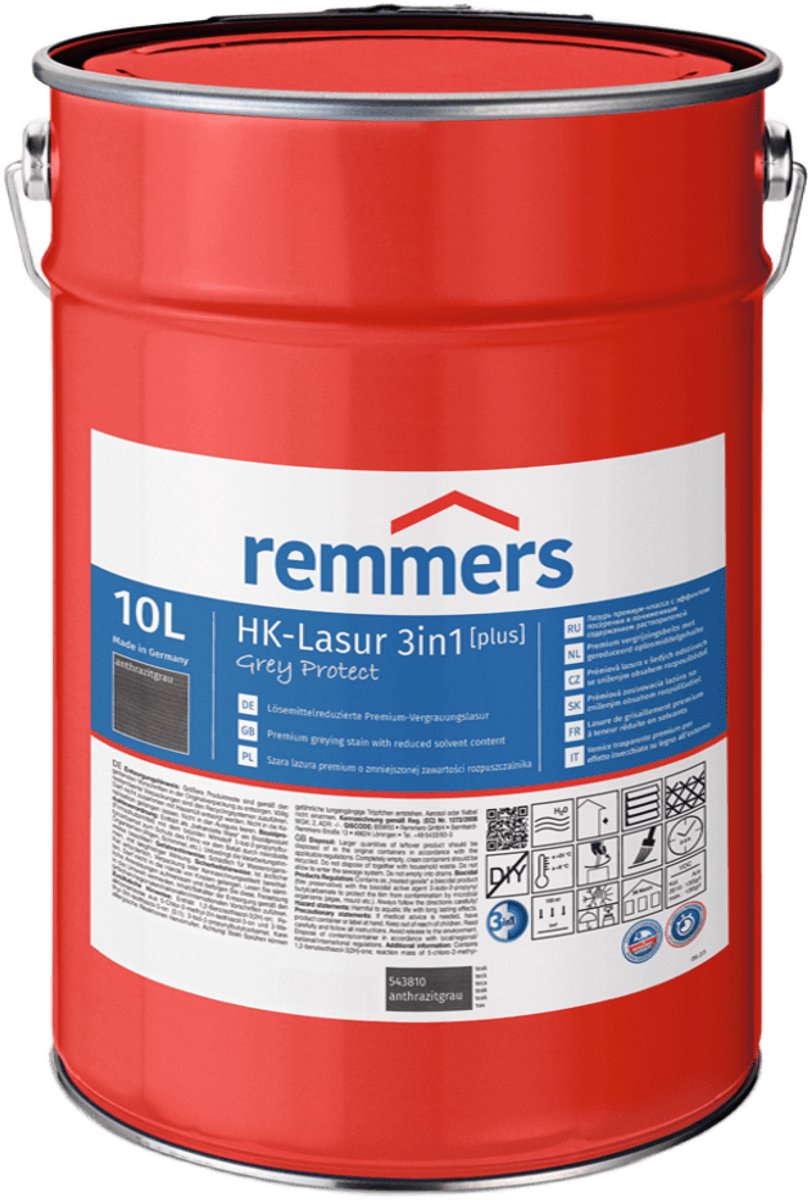 Remmers HK-lasuur 3-in-1 Grey-Protect [plus] 10 l, Antracietgrijs