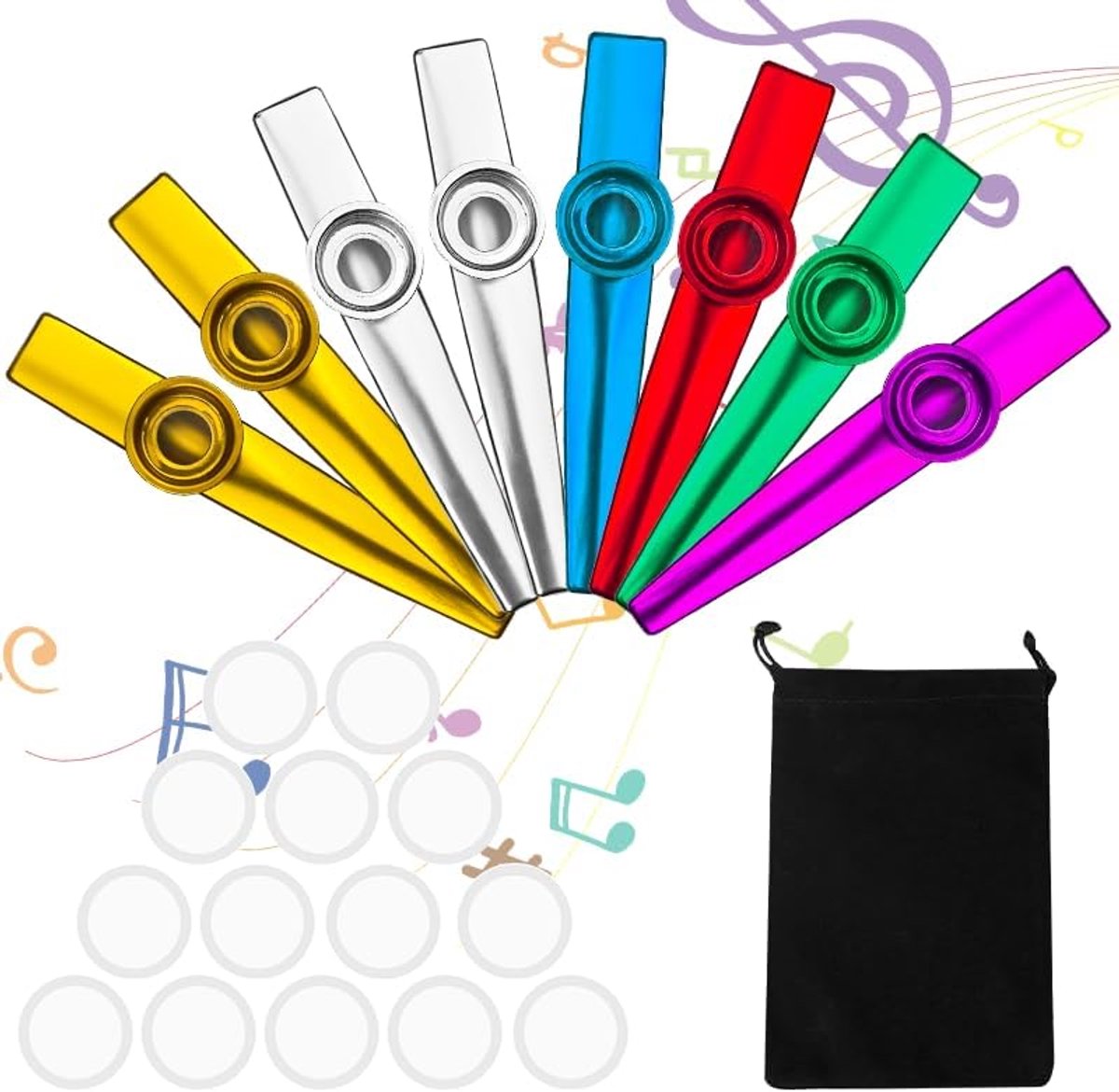 SnelShoppen - Kazoo Set van 8 Stuks - Metalen Kazoo Instrumenten met 16 Vervangbare Membranen voor Kinderen, Volwassenen en Muzikale Beginners - Perfe
