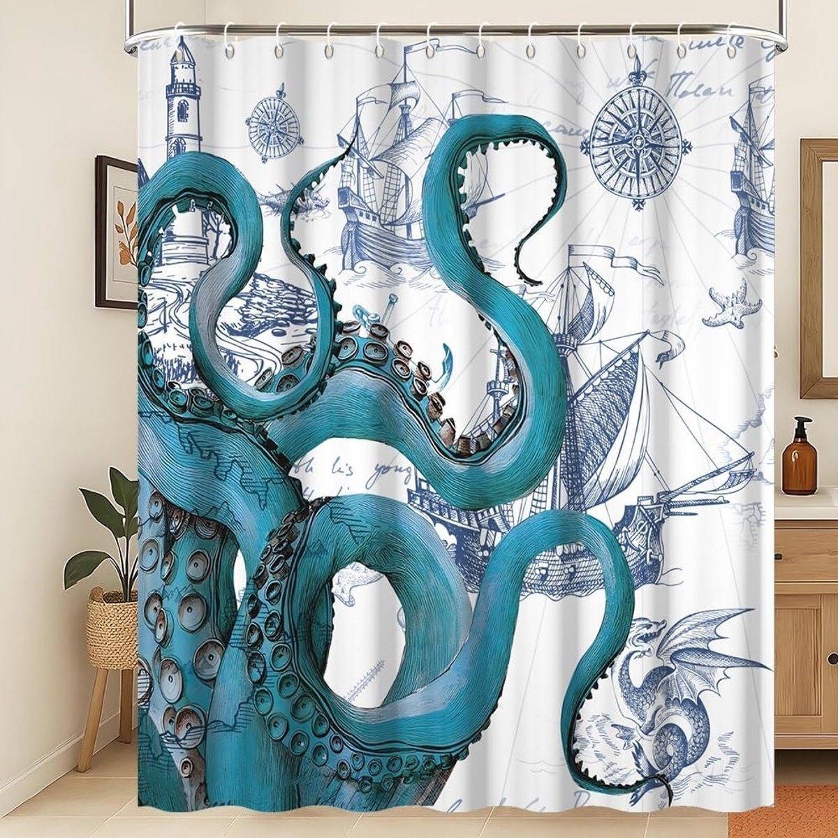 SnelShoppen - 240x180cm Nautische Octopus Douchegordijn Vintage Piratenboot Vuurtoren Waterdicht Polyester Badkamer Gordijn Maritiem Leven Milieu Best