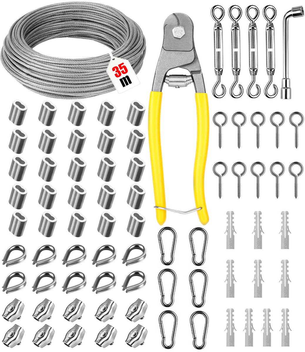 SnelShoppen - 35m 3mm RVS Kabelset met Spanning Ogen, Nylon Stalen Kabel voor Waslijn, Plantenstandaard, Tuin en Klussen