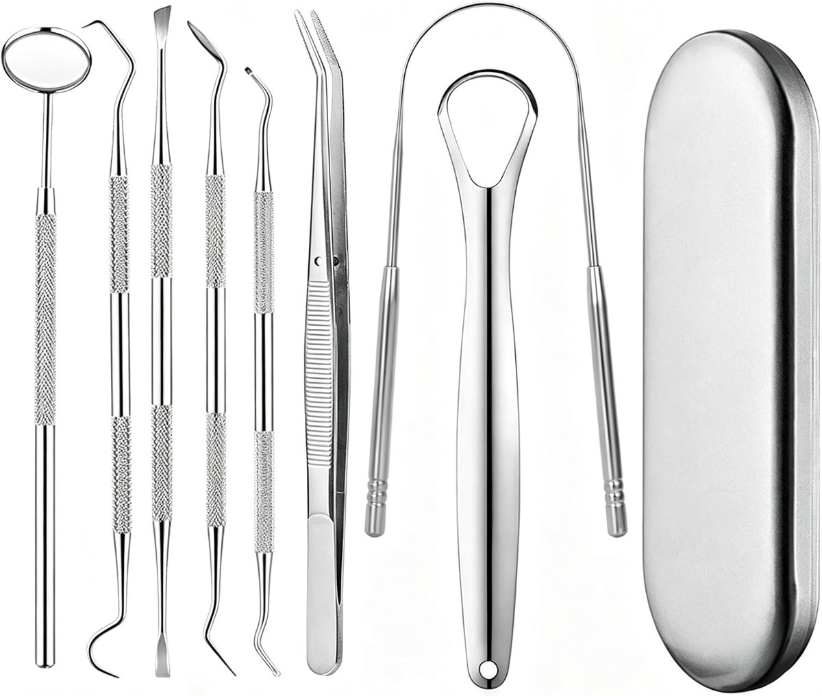 Tandreinigingsset, tandreinigingsinstrumenten, roestvrijstalen tandinstrumenten, tandspiegel, tandsonde, tandreiniging (8-delige set)