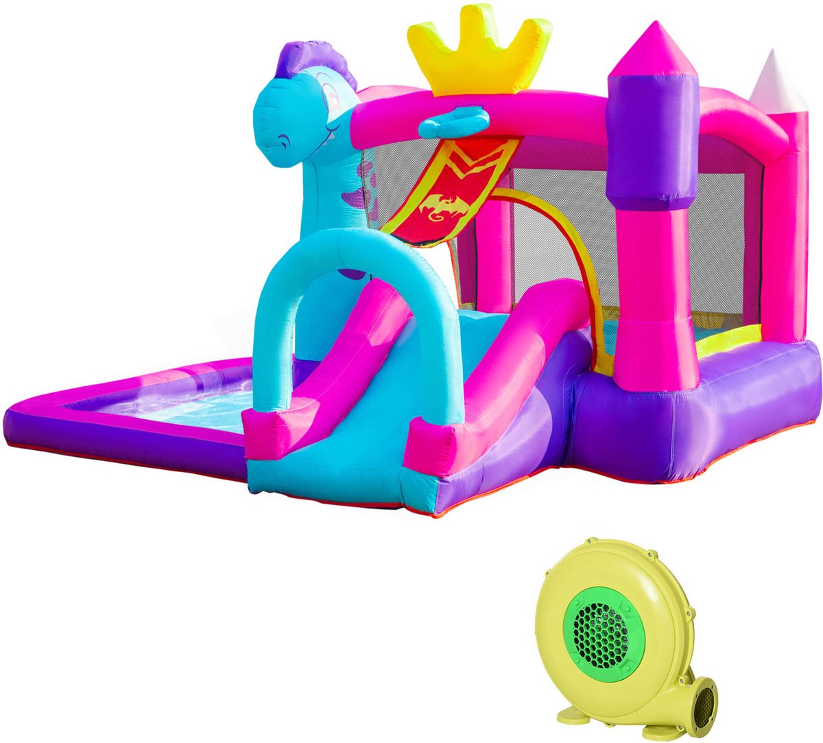 TEKROA® Opblaasbaar Springkussen met Glijbaan, Trampoline -Zpeuterbad - wembad & Blower (350W) - Voor 3 Kinderen (3+ Jaar) - 300x270x200cm