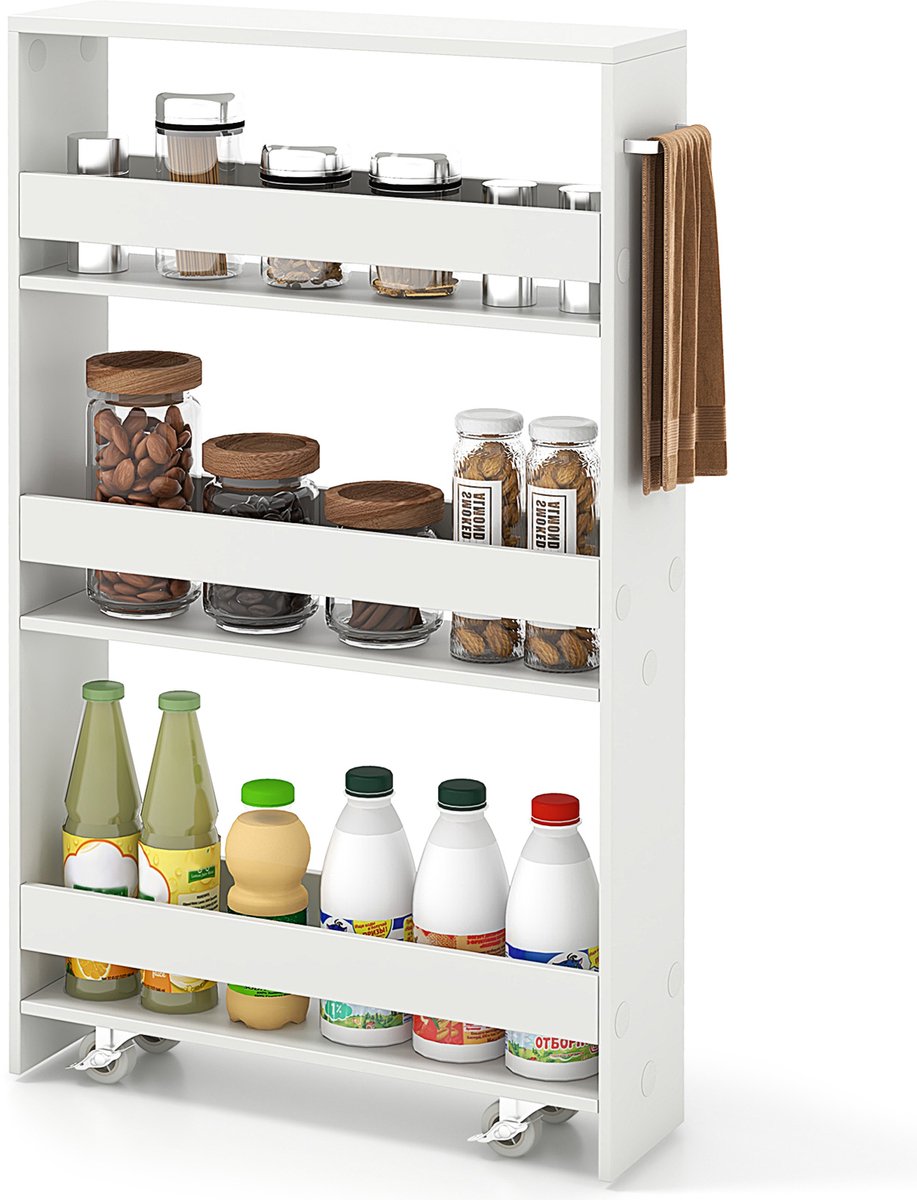 COSTWAY Niche trolley 13 cm breed, nisrek badkamerrek 4 etages, niskast op wielen, serveerwagen smal, keukentrolley met handvat, trolley badkamer, hout, 47,5 x 13 x 80,5 cm (zuiver wit)