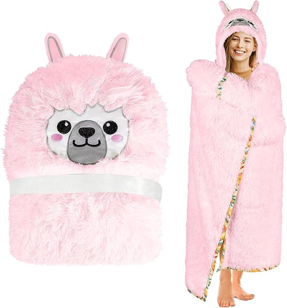 Draagbare deken met capuchon voor volwassenen - Warme behaaglijke deken - Winterdeken voor mama, vriendin - Roze alpacapatroon - Kerstcadeau, Valentijnscadeau, Moederdag.
