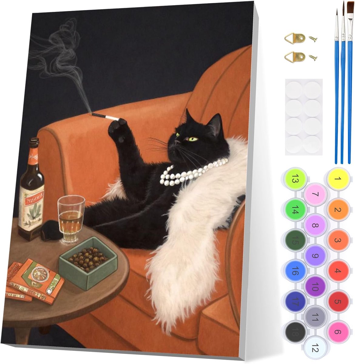 SnelShoppen - Elegant Kat Schilderen op Nummer Volwassenen, DIY Olieverfschilderij Kit met Houten Frame, 3 Penseelset & Acrylverf voor Thuisdecoratie,