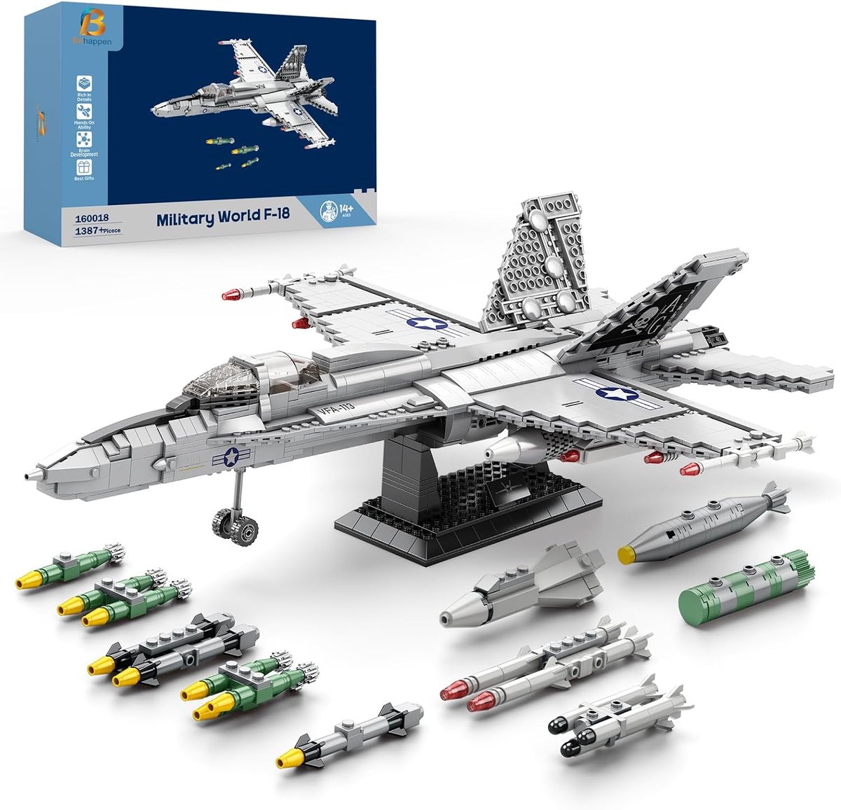 SnelShoppen - F-18 Fighter Bouwstenen Set Volwassenen - 1200+ Stukken - Gedetailleerd Model - Creatief Speelgoed voor Volwassenen - Perfect voor Model