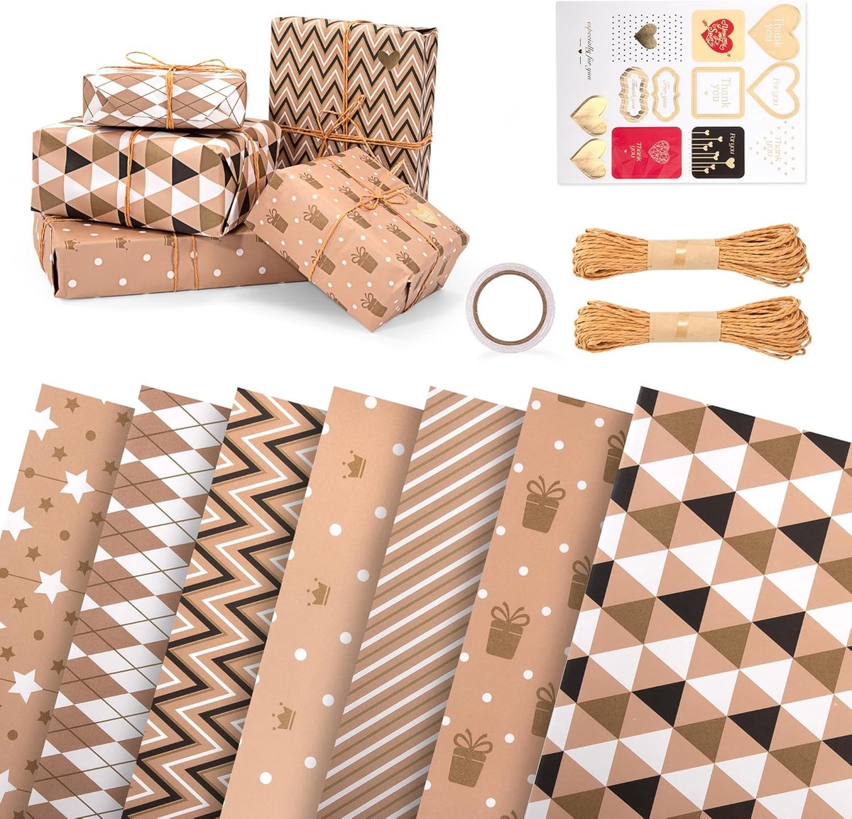 SnelShoppen - Cadeaupapier Set voor Verpakkingen met Touw, Dubbelzijdig Plakband, Stickers voor Verjaardag, Feest, Jubileum, Valentijnsdag - 7 Rollen