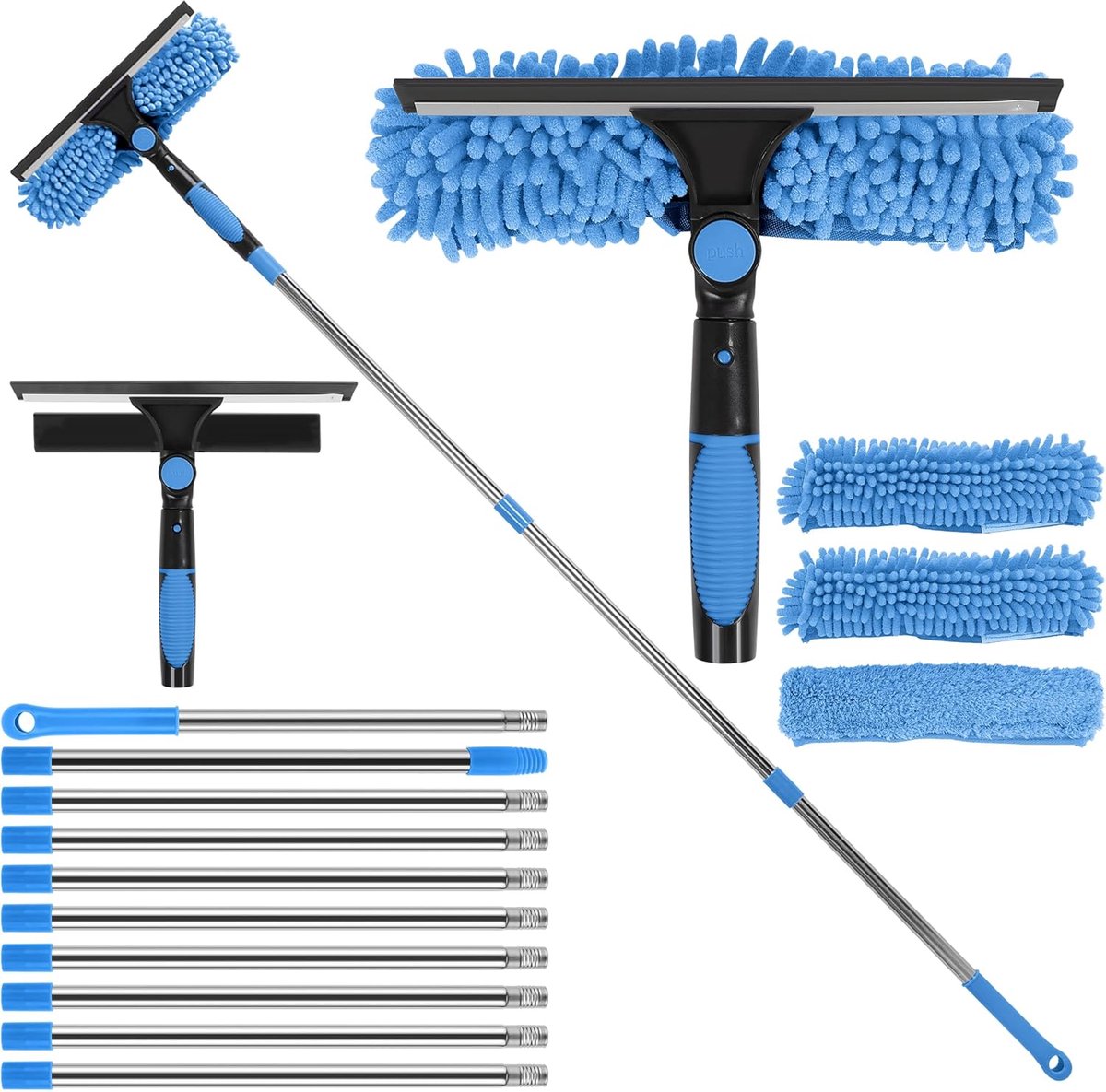 SnelShoppen - 4.5m Telescopische Raamwisser, 2-in-1 Glasreiniger met Siliconen Wisser en Microvezel Scrubber voor Hoogwaardige Ramen Binnen en Buiten