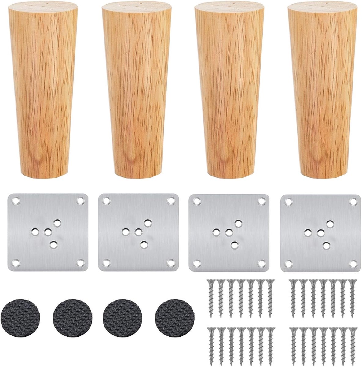 SnelShoppen - 10cm Houten Tafelpoten - 4 Stuks Vervangende Conische Meubelpoten van Massief Eikenhout met Bevestigingsplaten en Schroeven voor Stoelen