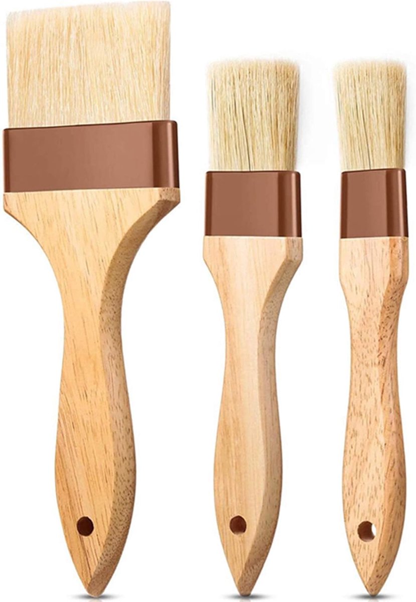 SnelShoppen - 3 Stuks Bakborstels - Hout, Natuurlijke Zijden Borstels, Keuken Accessoires voor Glazuren, Marineren, BBQ, Bakken, Koken, Grilling
