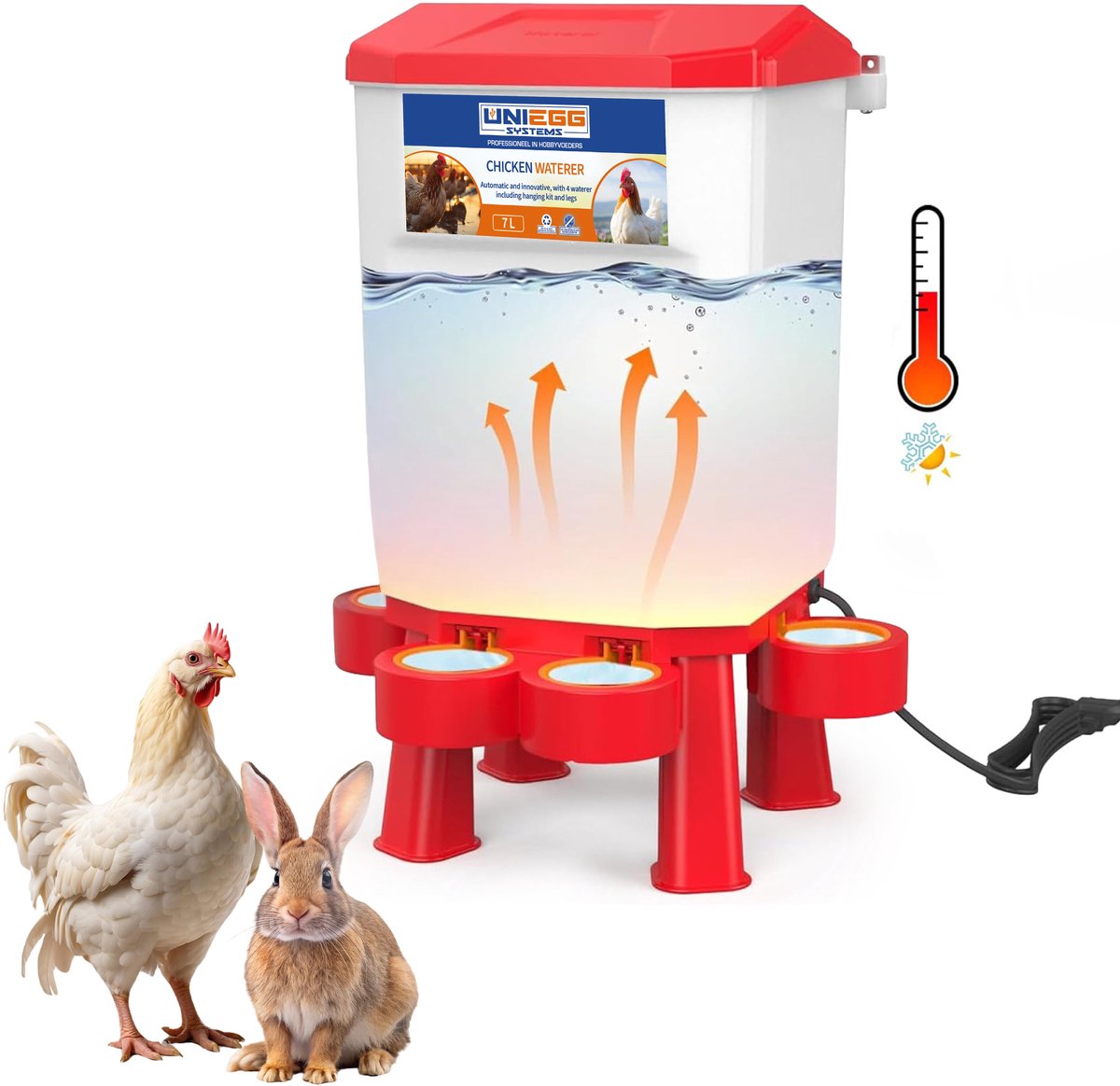 UniEgg® Premium Verwarmde/Anti-vorst Drinker 7 Liter (Rood) - automatisch en innovatief, inclusief ophangset en poten - drinkbak kip en ander pluimvee of gevogelte - verwarmd - anti-vorst