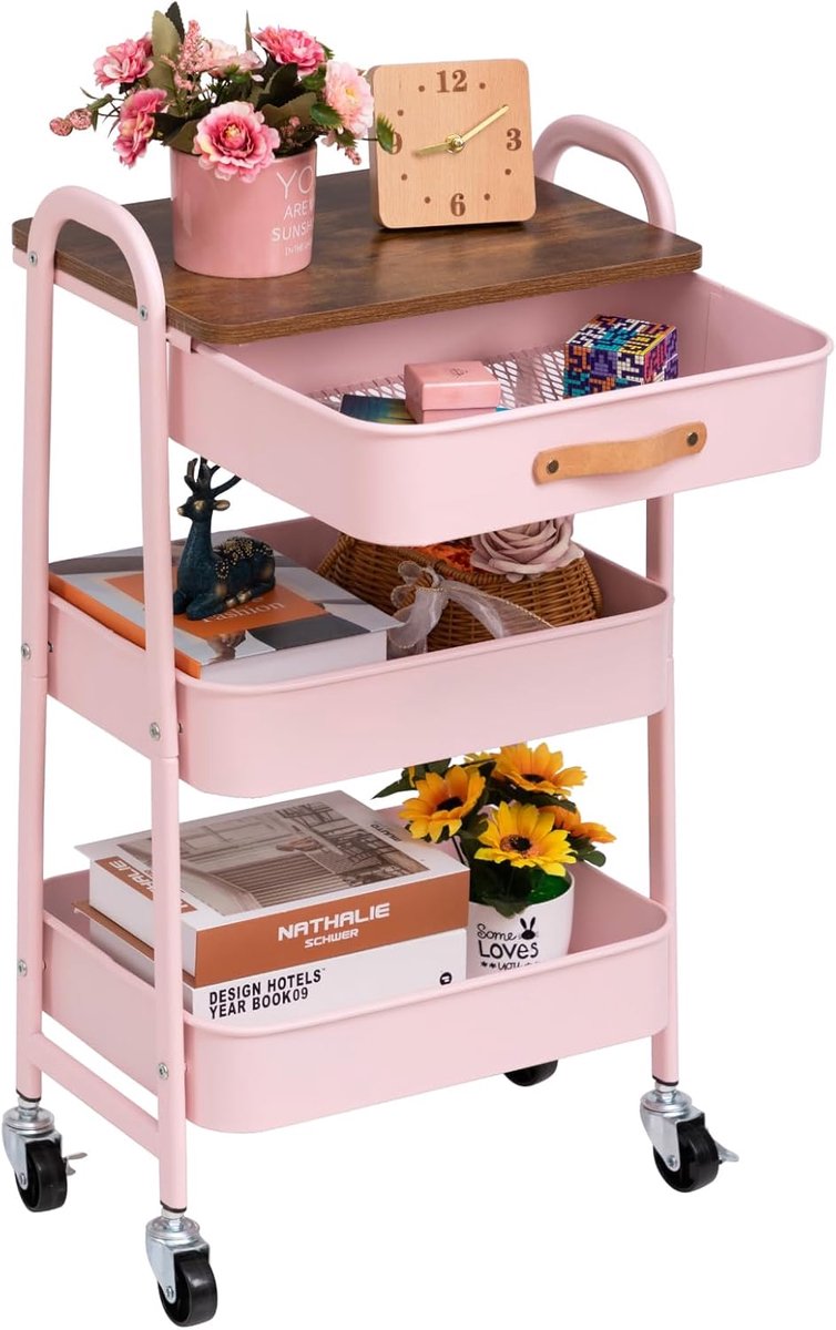 SnelShoppen - 3-Lagen Metaal Opberg Trolley met Lade, Handige Organizer met Leren Handvatten voor Keuken, Badkamer, Kantoor, Roze, 40x30x70 cm