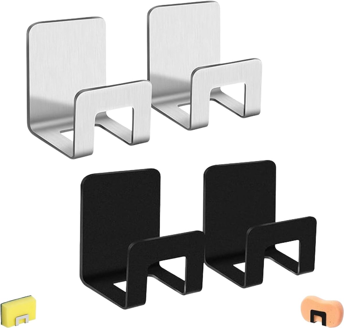 SnelShoppen - 4 Stuks Zelfklevende Keuken Sponshouders - Roestvrijstalen Sponsrek voor Keuken, Waterproof, Duurzaam, Zwart en Zilver - Organisatie Acc