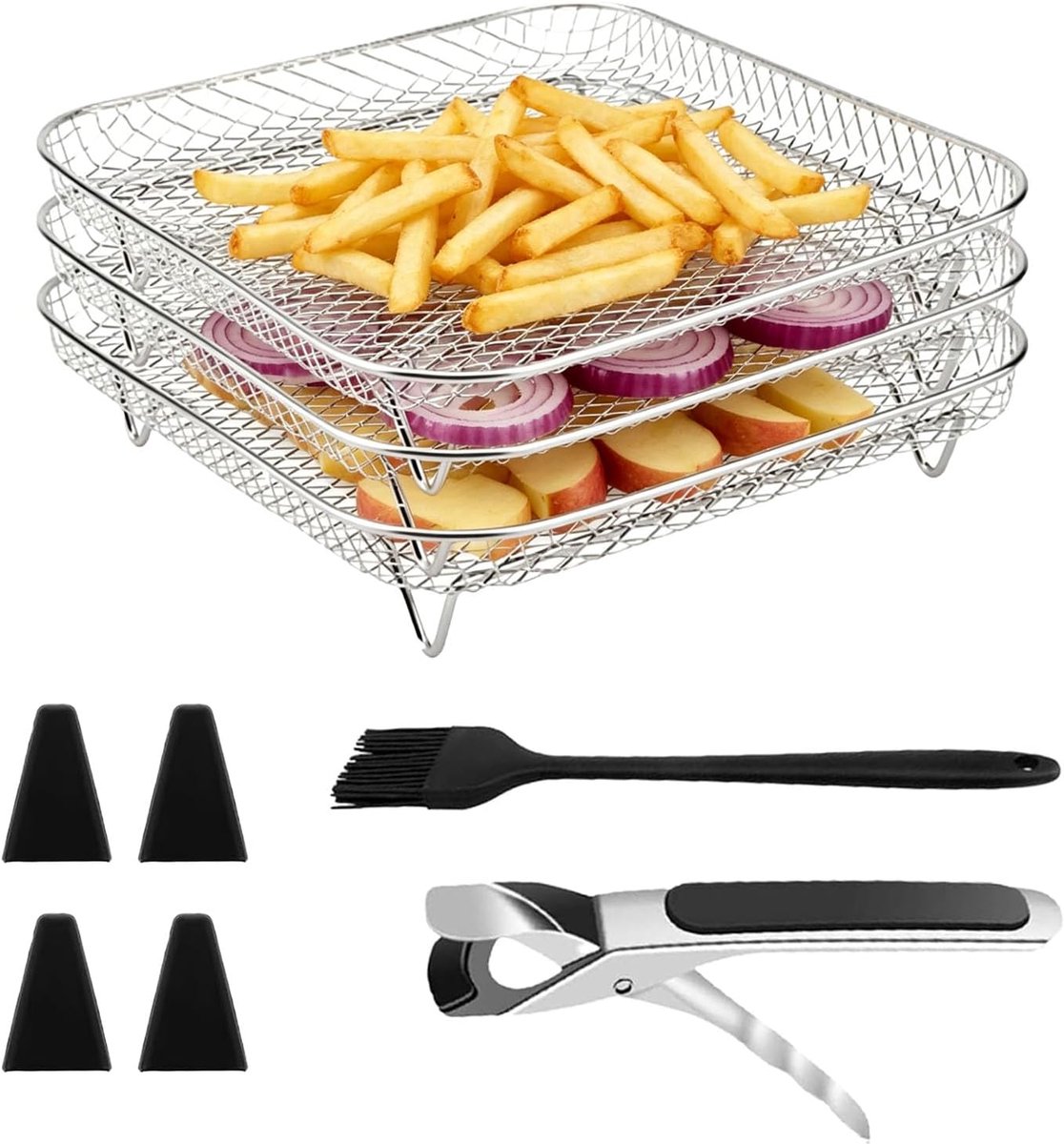SnelShoppen Airfryer Heteluchtfriteuse met Stapelbare Manden Roestvrij Staal 3 Stuks 19 5 x 19 5 x 4 9 cm Siliconen Voetjes Pincet en Olieborst