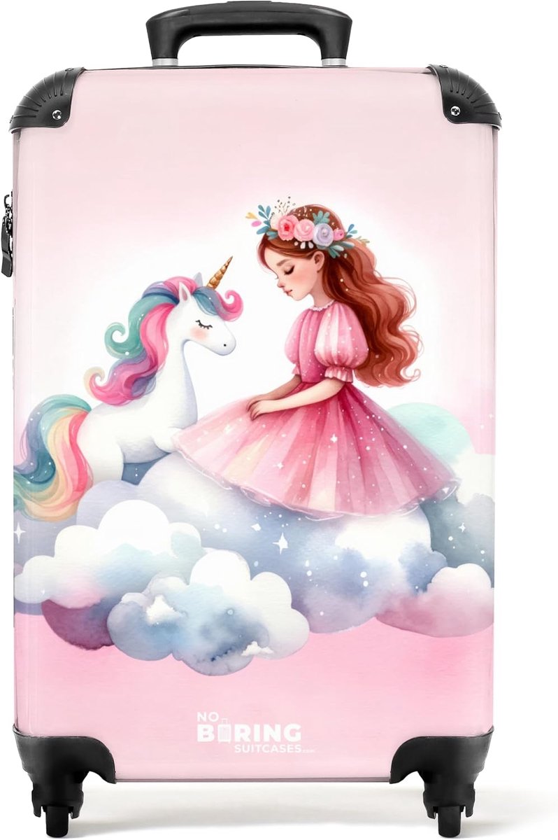SnelShoppen - Handbagage Koffer voor Kinderen - Lichtgewicht Reiskoffer met Wielen - Roze Prinses en Eenhoorn op Wolk - 55x40x20 cm - Ideaal voor Vlie