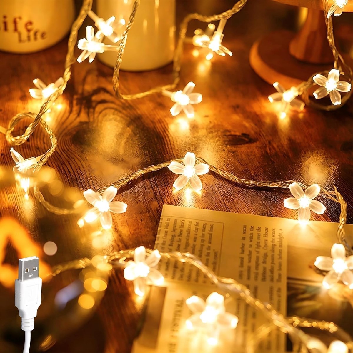 SnelShoppen - Warm Witte String Lights met Bloemen - Decoratieve LED Verlichting voor Feest, Tuin, Camping, Binnen en Buiten - 1 Stuk - Sfeervolle Ver