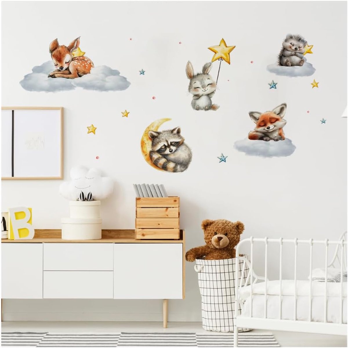 SnelShoppen - Wandsticker voor Kinderkamer Decoratie - Schattige Slapende Bosdieren Sterren Herten Muurstickers Baby Kamer Wolken Jongens Meisjes DIY