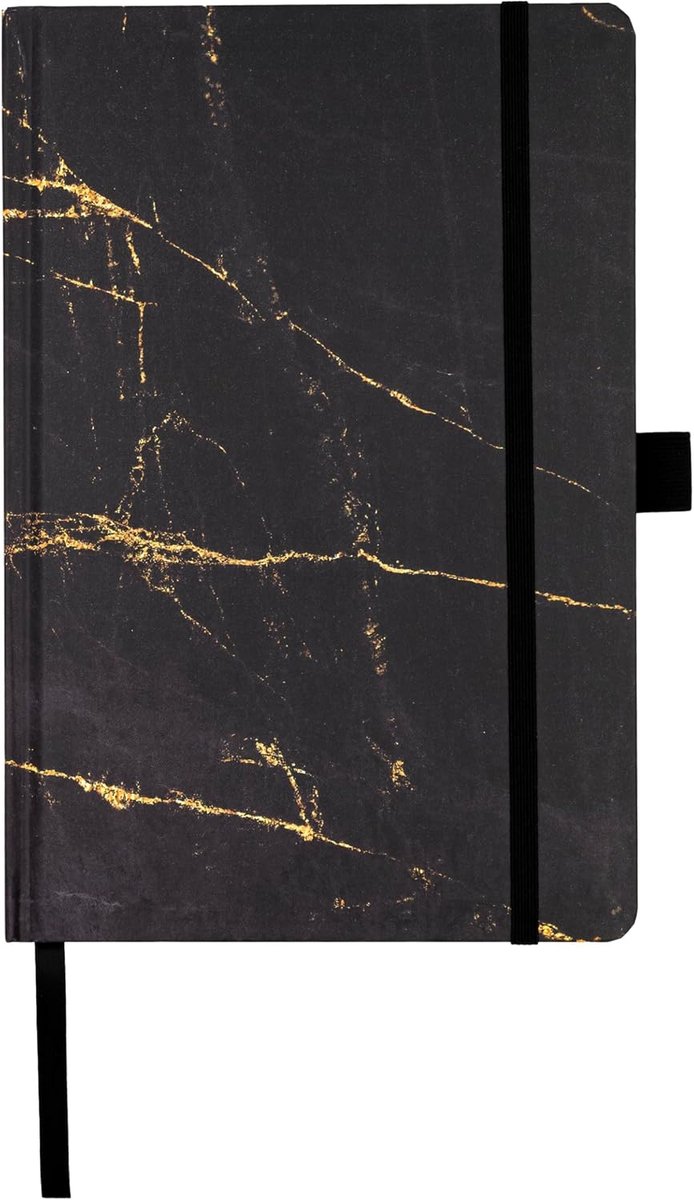 SnelShoppen - A5 Notebook Zwart Marmer, 192 Pagina's, Dotted, Elastische Sluiting, Pocket, Boekmerk, Penhouder, Geschikt voor Notities, Studie, Werk,