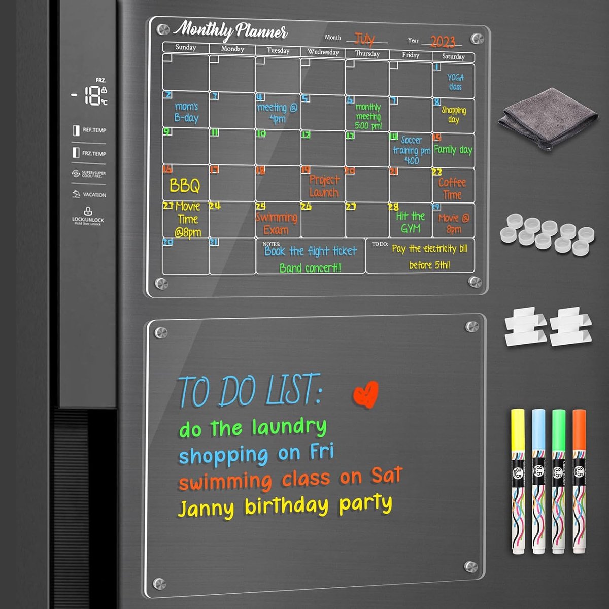 SnelShoppen - Acryl Schrijfbord Set 2 Stuks 40x30cm Magnetische Fridge Whiteboard Kalender Kit, Transparante Maandplanner en Lege Memo Bord, Inclusief