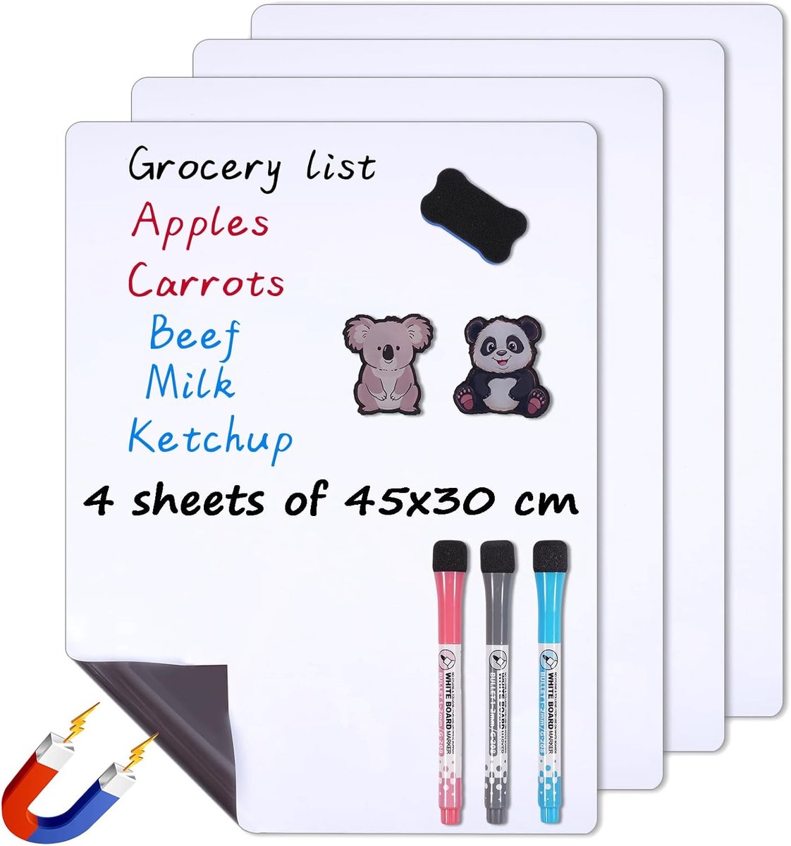 SnelShoppen - Magnetisch Whiteboard voor Koelkast, 4 Stuks 45x30 cm - Drooguitwisbare Planner met 3 Pennen en 1 Wisser, Organizer voor Keuken, Thuis,