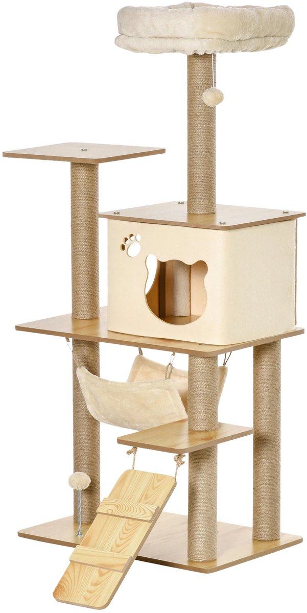 Krabpaal 130 cm – Kattenboom met Katten Cave, Jute & Pluche – Geel