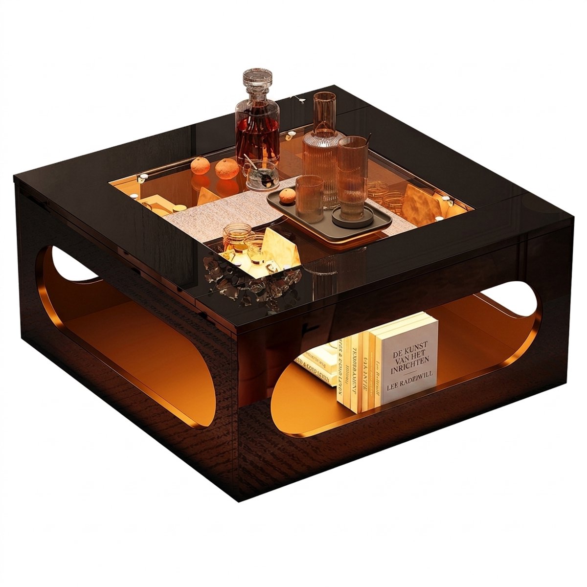 Vierkante salontafel zwart – 70 x 70 x 35 cm – Hoogglans MDF, gehard glas en ledverlichting