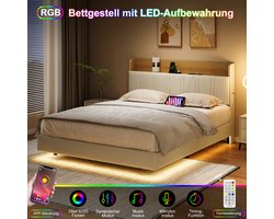 Tweepersoonsbed 140x190 cm, volwassen bed met led verlichting, gestoffeerd opbergbed met opklapbaar hoofdbord en zijvakken, 2 persoonsbed van pu in wit en licht eiken, zonder matras
